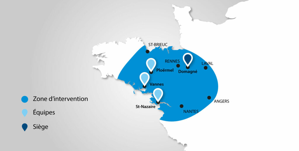 Carte de la zone d'intervention allant de Saint Brieuc à Nantes et Angers, englobant Saint-Nazaire, Vannes, Rennes et Laval.